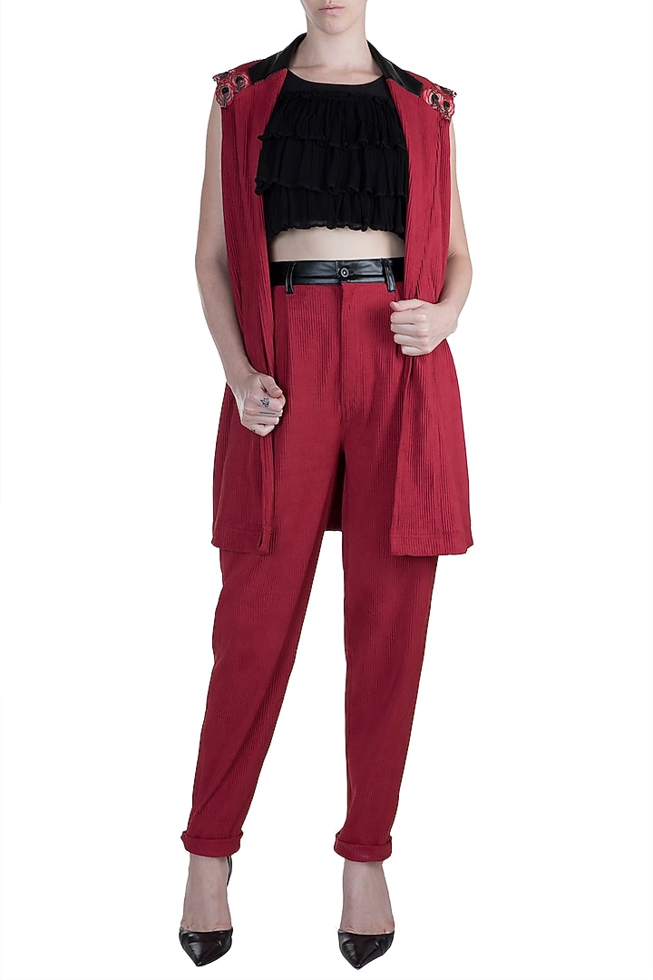 Red Jacket With Crop Top & Pants by PARNIKA at Pernia's Pop Up Shop