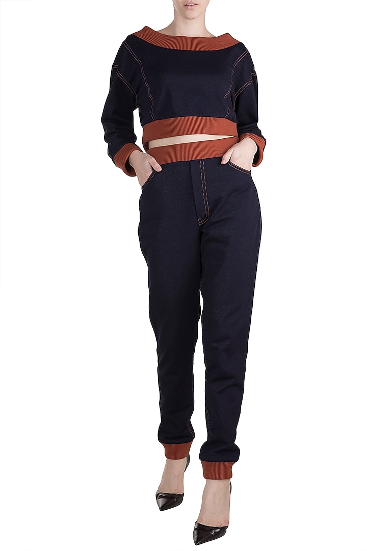 Navy Blue Knitted Sweatshirt With Pants by PARNIKA at Pernia's Pop Up Shop