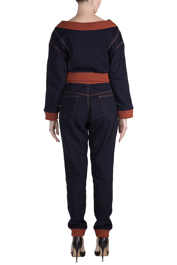 Navy Blue Knitted Sweatshirt With Pants by PARNIKA at Pernia's Pop Up Shop