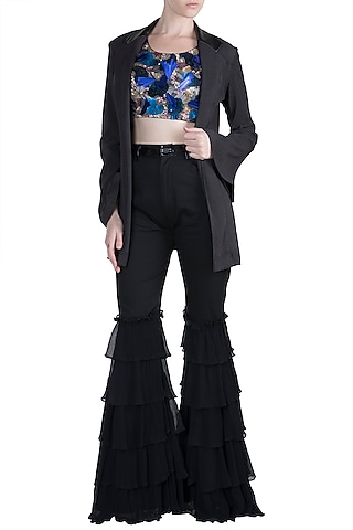 Black Embroidered Blazer Set by PARNIKA