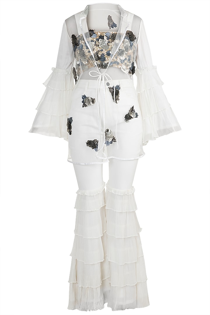 White Embroidered Jacket With Crop Top & Pants by PARNIKA