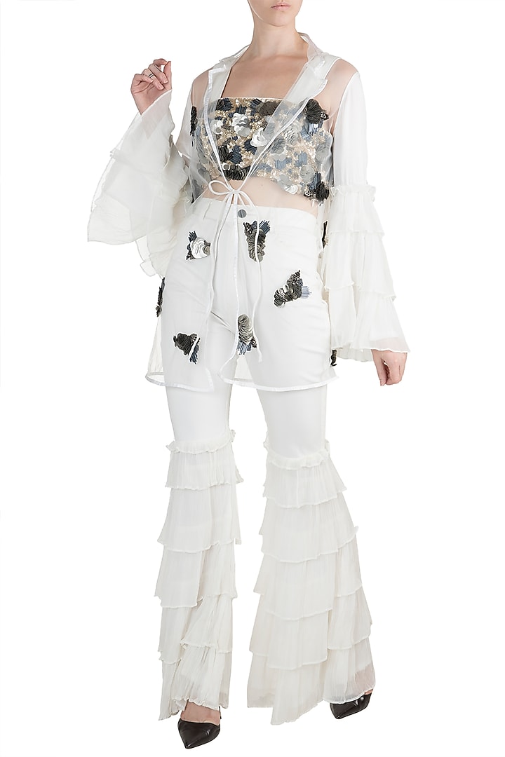 White Embroidered Jacket With Crop Top & Pants by PARNIKA at Pernia's Pop Up Shop