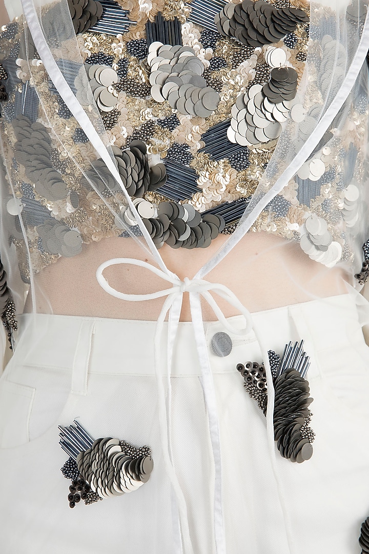 White Embroidered Jacket With Crop Top & Pants by PARNIKA at Pernia's Pop Up Shop