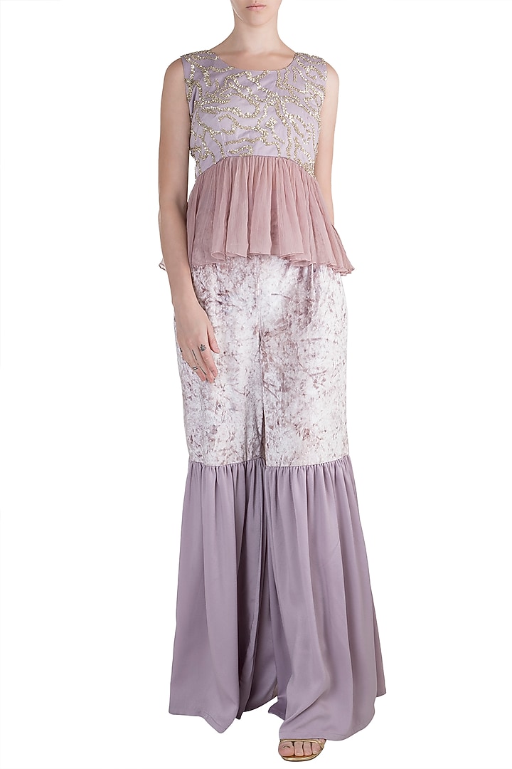 Purple Peplum Top With Tie-Dye Pants by PARNIKA at Pernia's Pop Up Shop