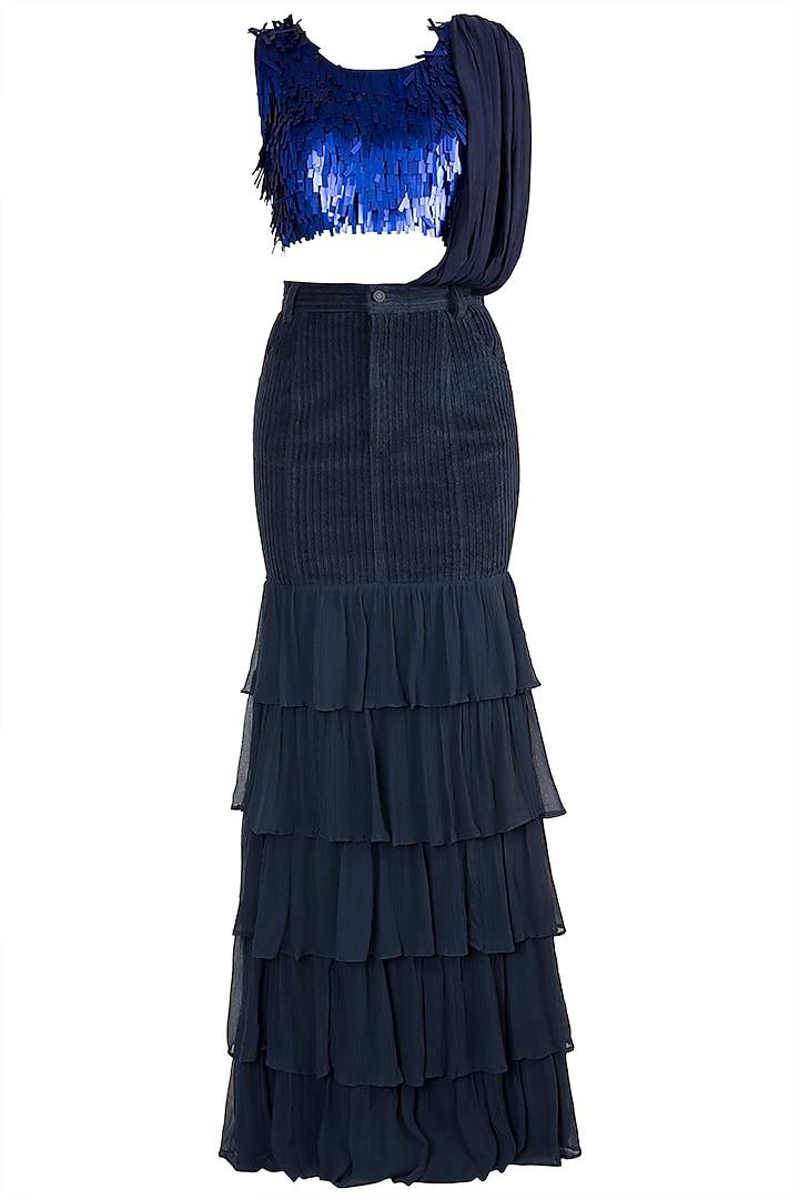 Blue Embroidered Top With Skirt & Attached Drape by PARNIKA