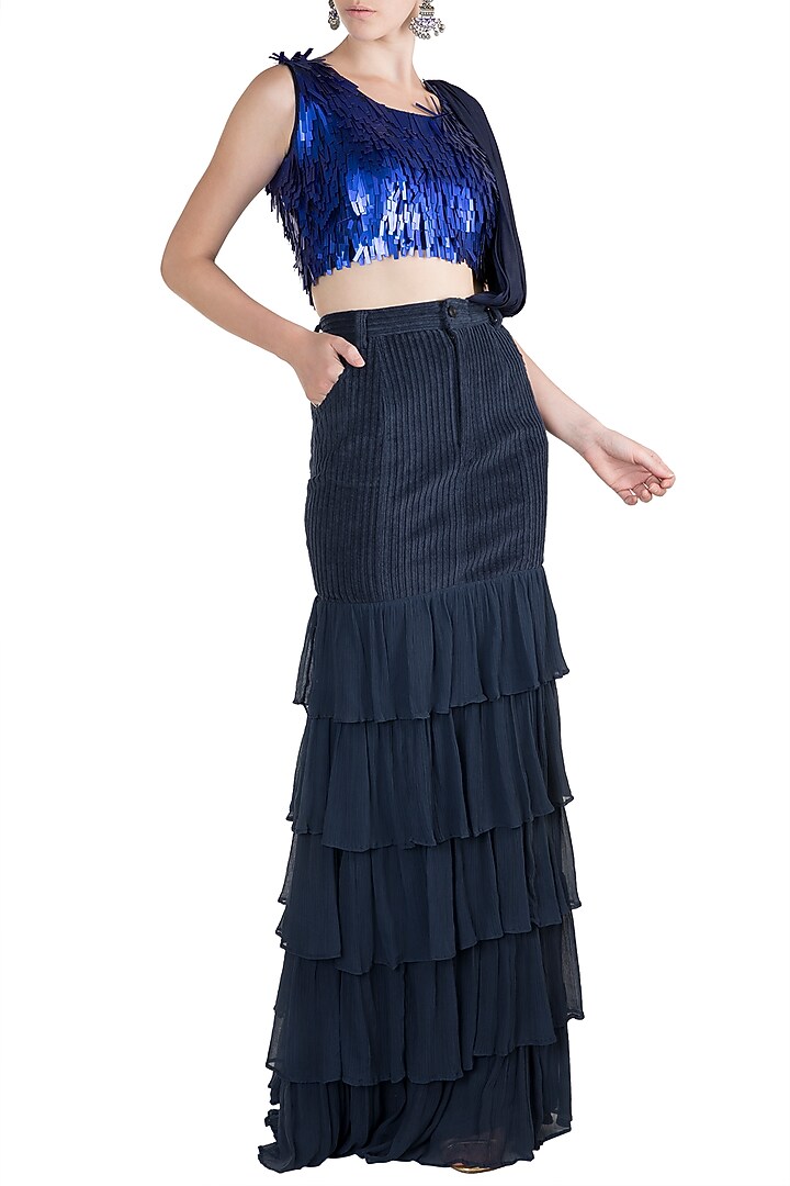 Blue Embroidered Top With Skirt & Attached Drape by PARNIKA at Pernia's Pop Up Shop
