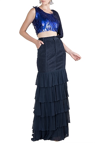 Blue Embroidered Top With Skirt & Attached Drape by PARNIKA