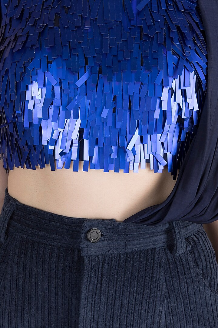 Blue Embroidered Top With Skirt & Attached Drape by PARNIKA at Pernia's Pop Up Shop