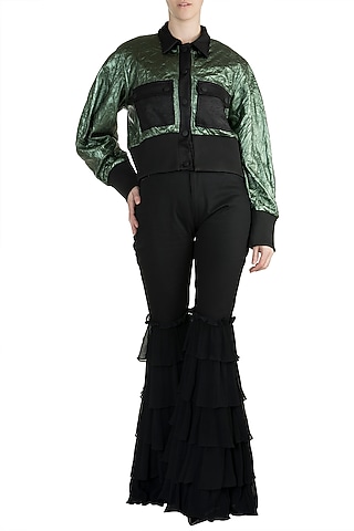 Green Metallic Bomber Jacket by PARNIKA
