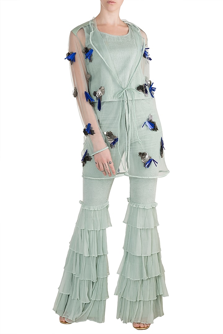 Sea Blue Embroidered Jacket With Crop Top & Pants by PARNIKA at Pernia's Pop Up Shop
