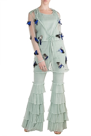 Sea Blue Embroidered Jacket With Crop Top & Pants by PARNIKA
