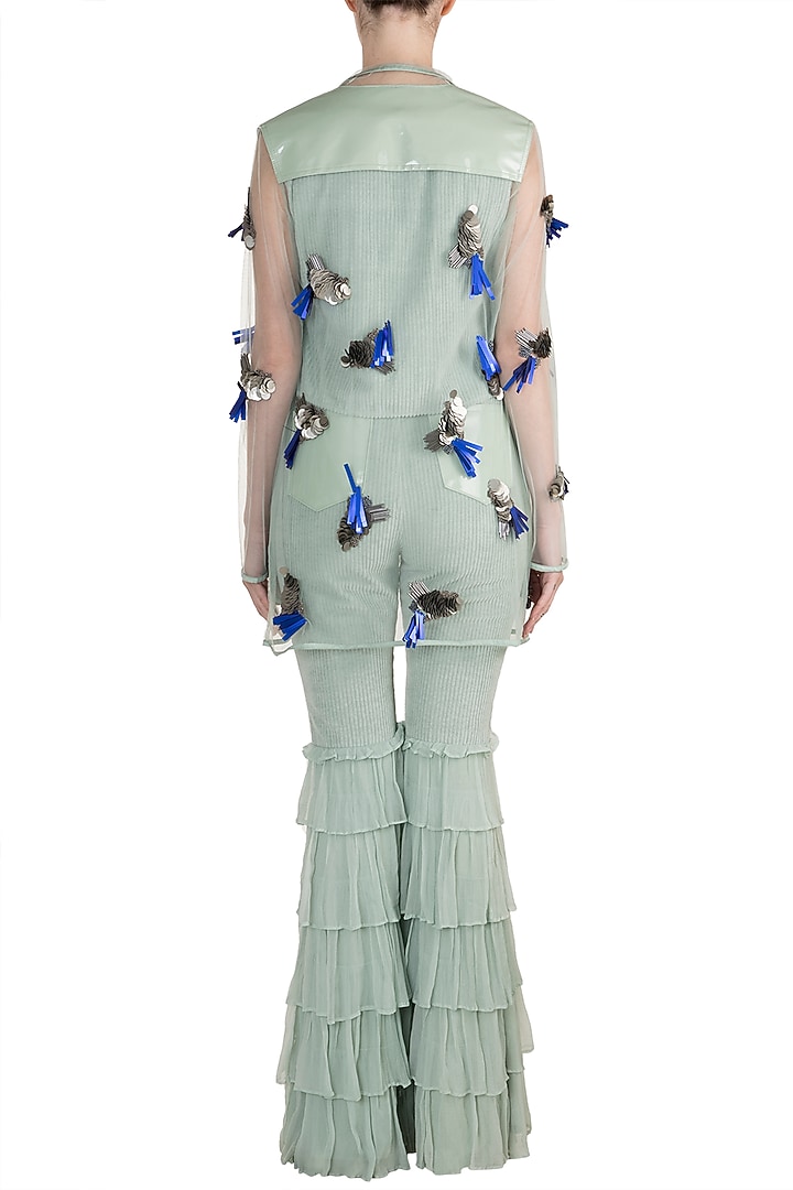 Sea Blue Embroidered Jacket With Crop Top & Pants by PARNIKA at Pernia's Pop Up Shop