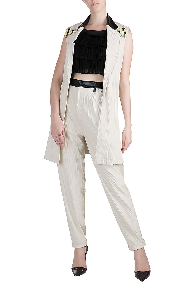 Off White Jacket With Crop Top & Pants by PARNIKA at Pernia's Pop Up Shop