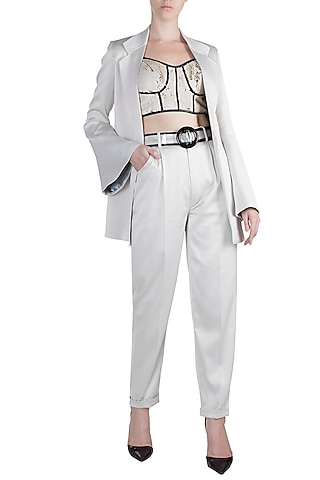 Silver Jacket With Pants & Sequins Corset Top by PARNIKA