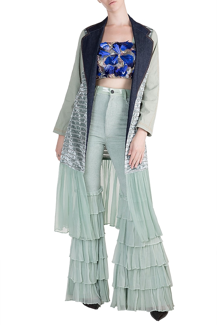Sea Blue Jacket With Embroidered Crop Top With Pants by PARNIKA at Pernia's Pop Up Shop