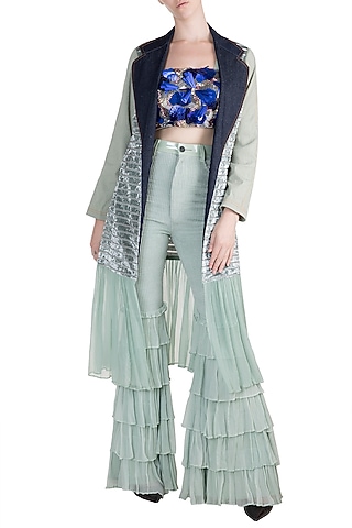 Sea Blue Jacket With Embroidered Crop Top With Pants  by PARNIKA
