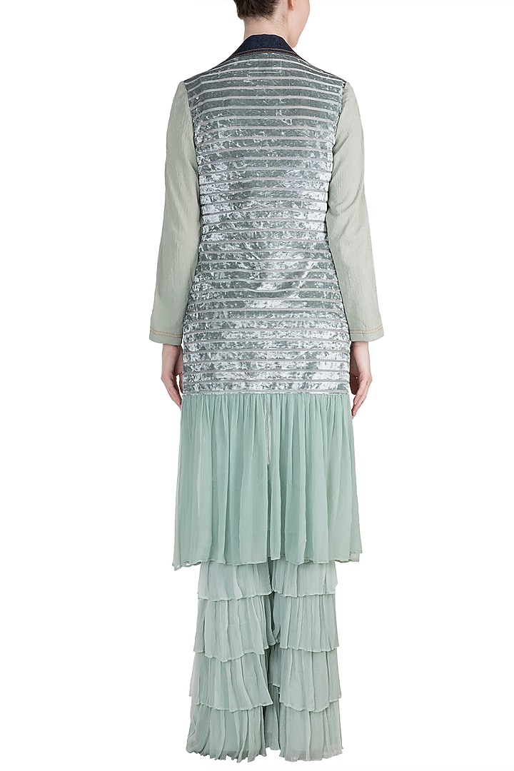 Sea Blue Jacket With Embroidered Crop Top With Pants by PARNIKA at Pernia's Pop Up Shop