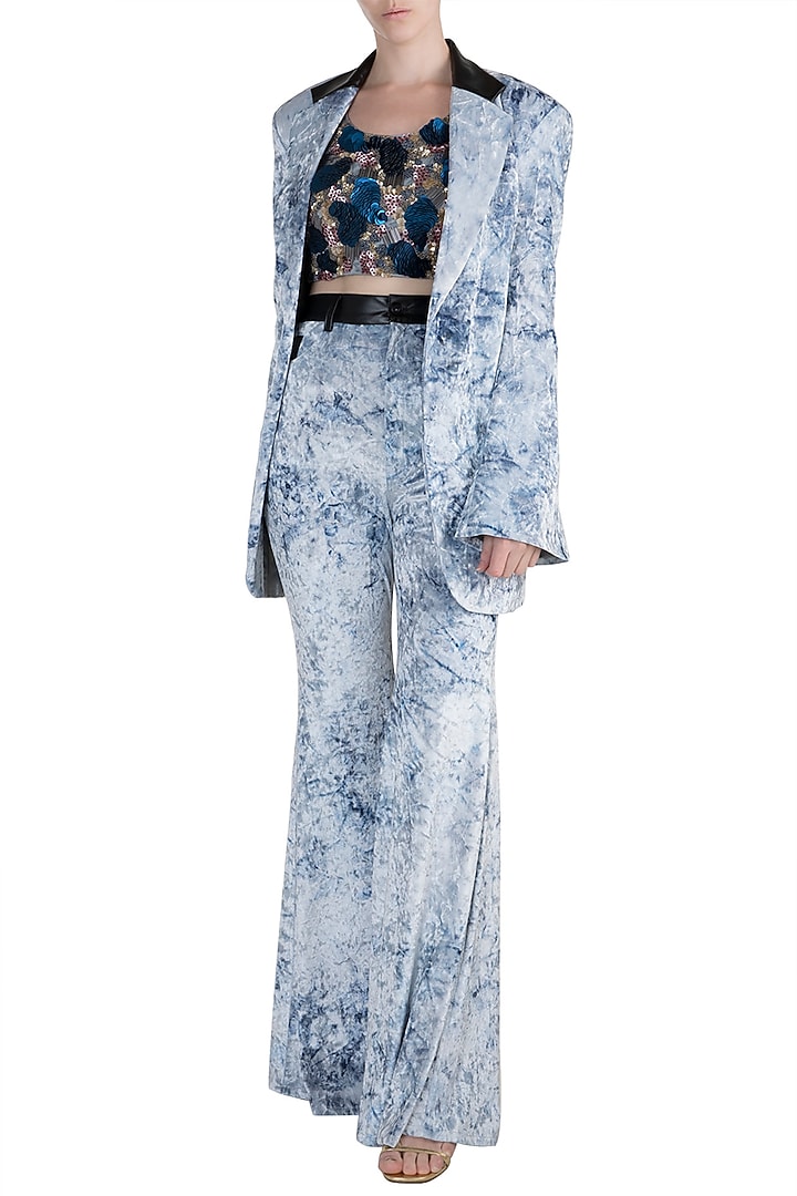 Blue Jacket With Embroidered Crop Top & Pants by PARNIKA at Pernia's Pop Up Shop