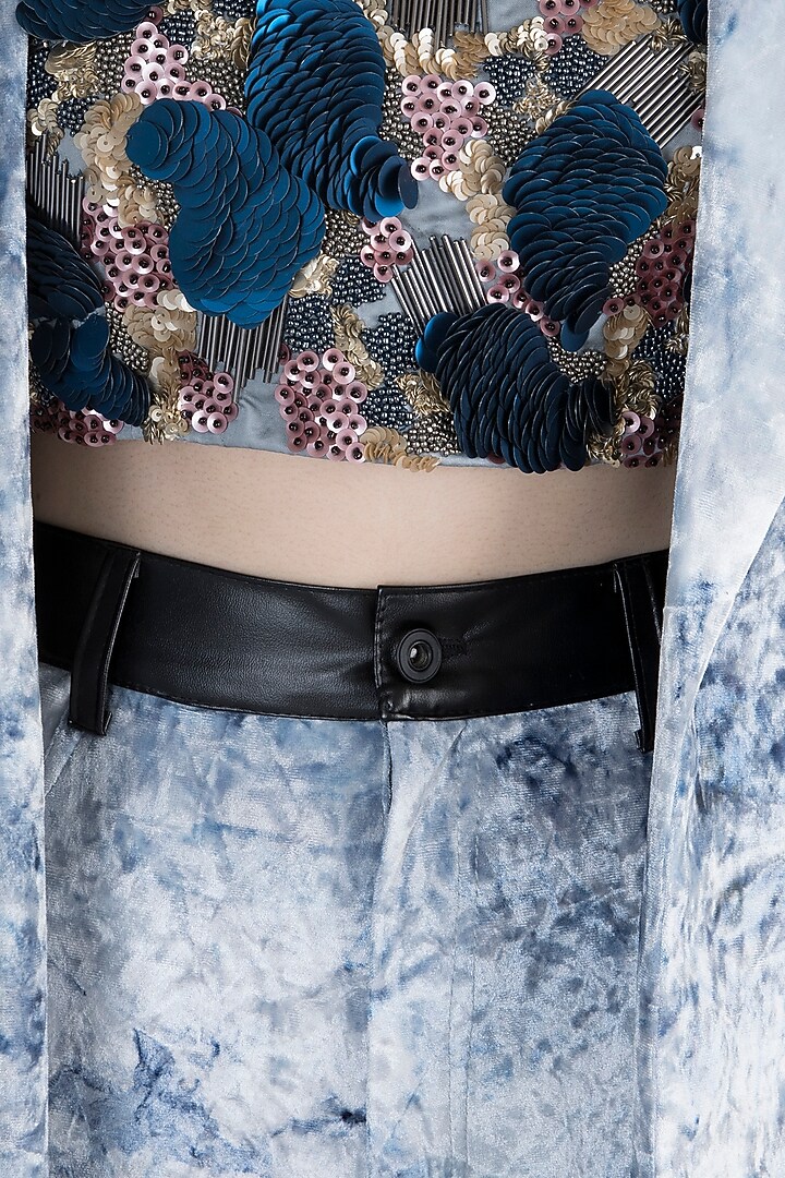 Blue Jacket With Embroidered Crop Top & Pants by PARNIKA at Pernia's Pop Up Shop