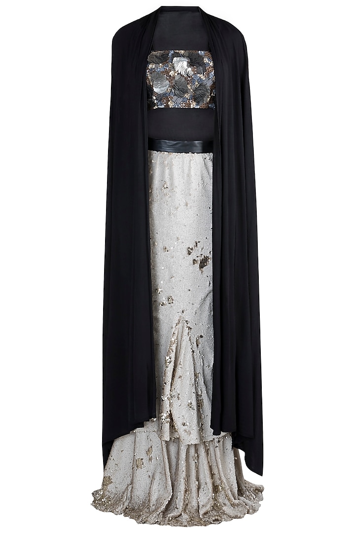 Silver Skirt With Embroidered Crop Top & Cape by PARNIKA