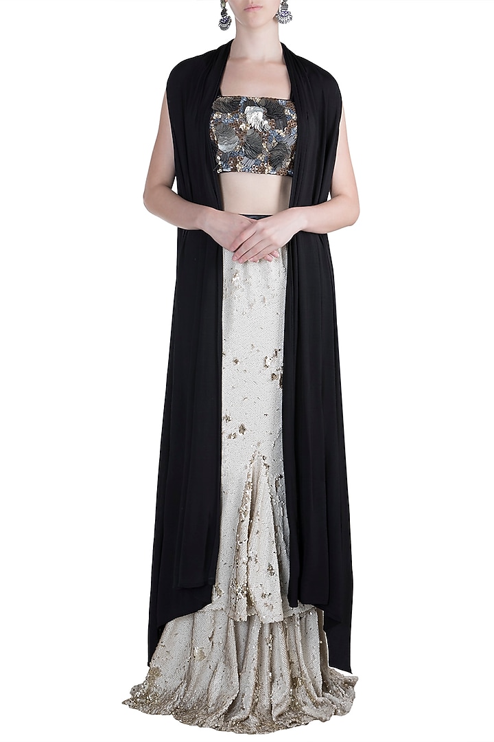 Silver Skirt With Embroidered Crop Top & Cape by PARNIKA at Pernia's Pop Up Shop
