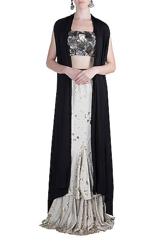 Silver Skirt With Embroidered Crop Top & Cape by PARNIKA