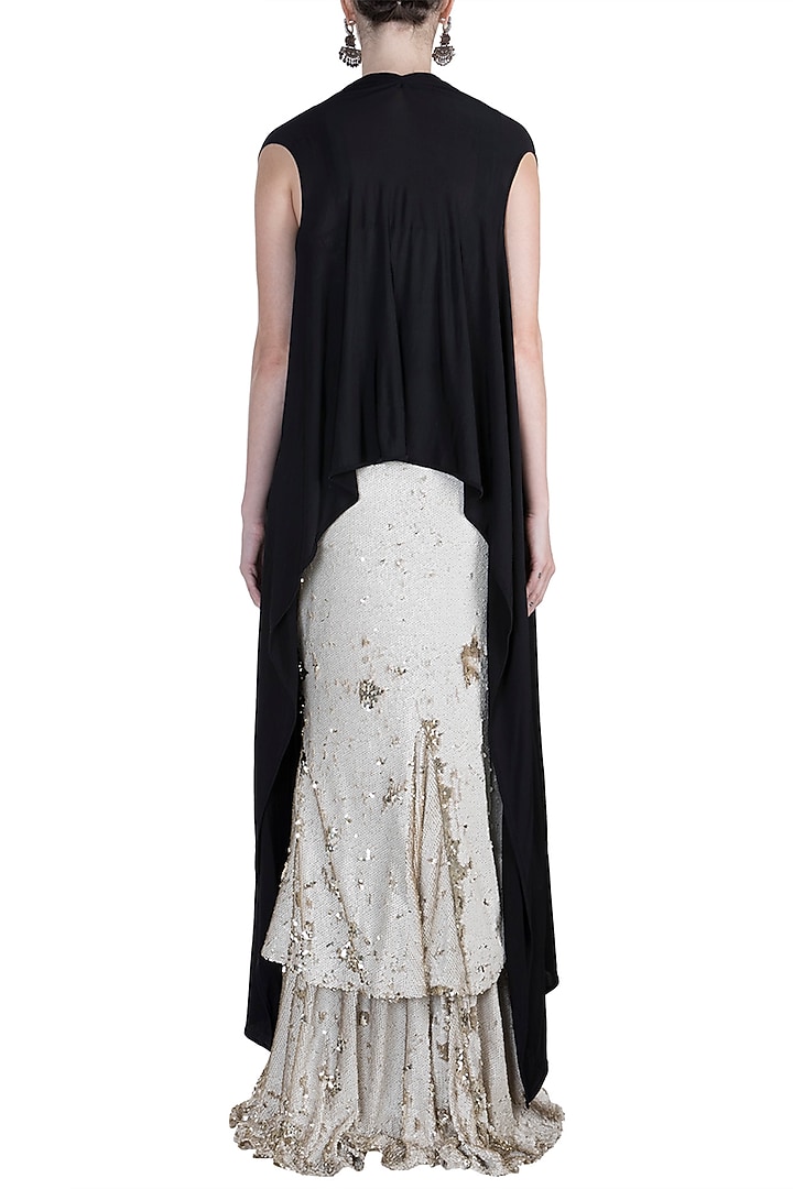 Silver Skirt With Embroidered Crop Top & Cape by PARNIKA at Pernia's Pop Up Shop