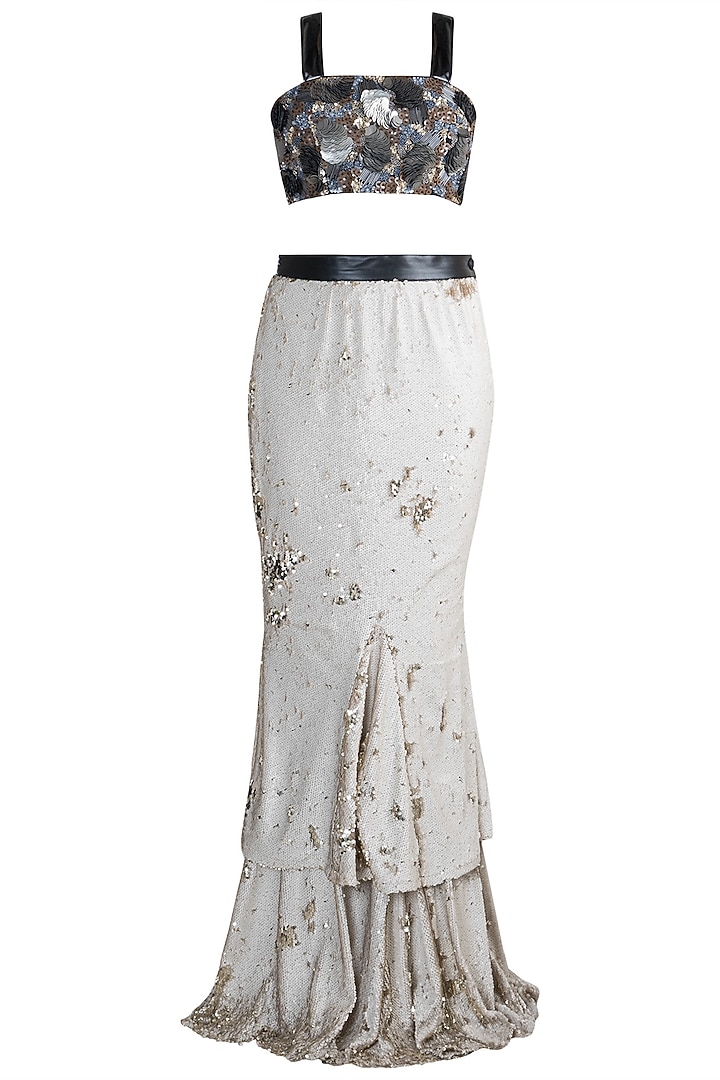 Silver Skirt With Embroidered Crop Top & Cape by PARNIKA at Pernia's Pop Up Shop