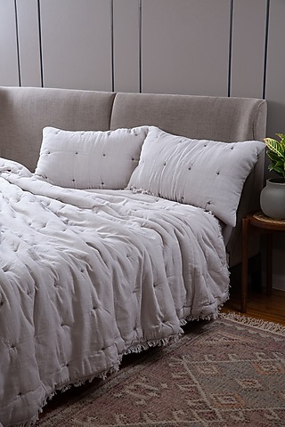 Cloud Grey Cotton Slub Tucked Embroidered Bed Sheet Set Of 3 by Aplito