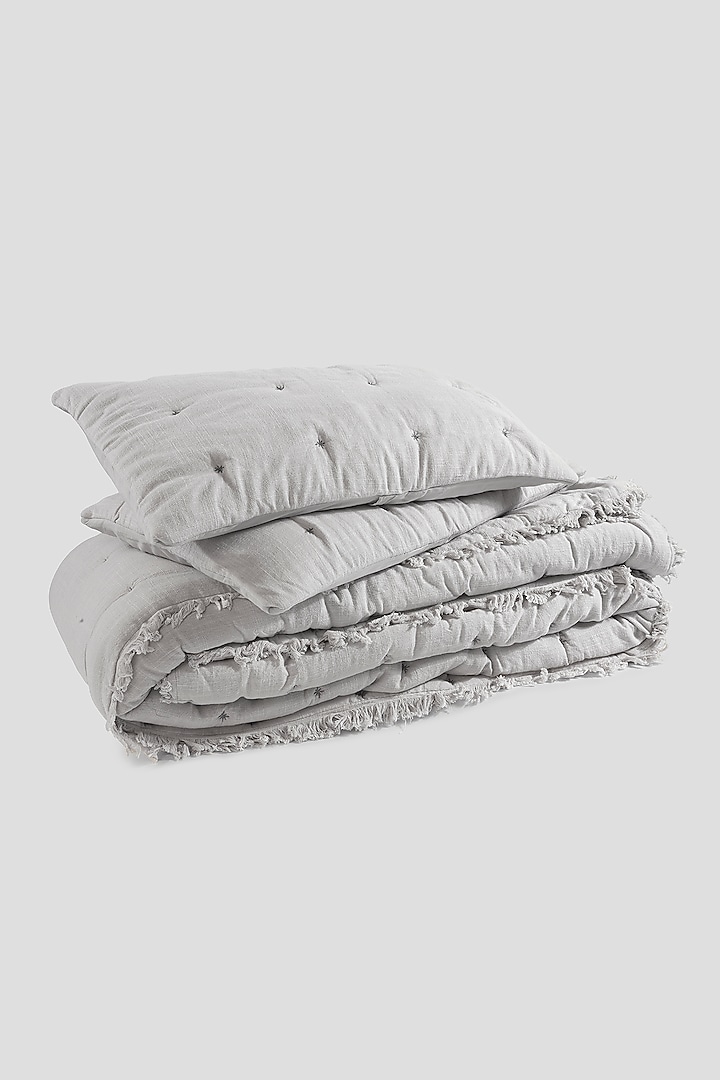 Cloud Grey Cotton Slub Tucked Embroidered Bed Sheet Set Of 3 by Aplito at Pernia's Pop Up Shop