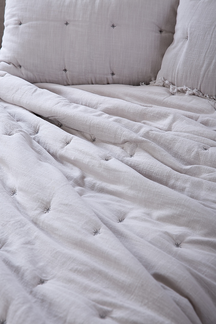 Cloud Grey Cotton Slub Tucked Embroidered Bed Sheet Set Of 3 by Aplito at Pernia's Pop Up Shop
