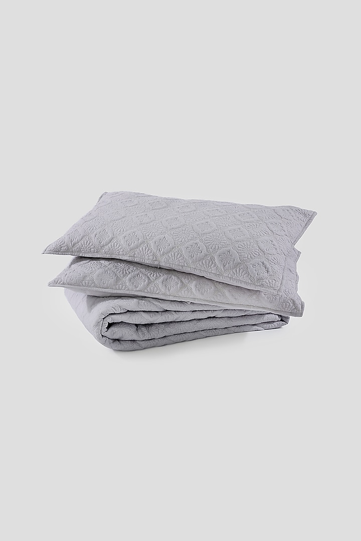 Grey Cotton Thread Embroidered Quilted Bedspread Set Of 5 by Aplito at Pernia's Pop Up Shop