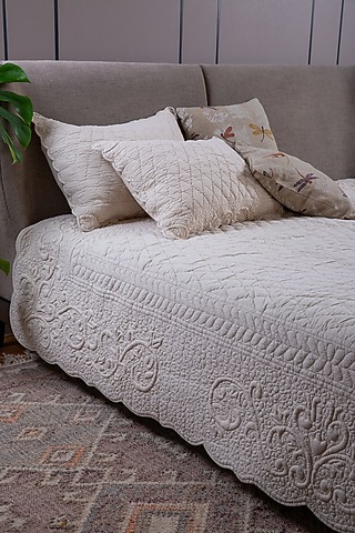 Beige Cotton Cambric Floral Embroidered Bedspread Set Of 3 by Aplito