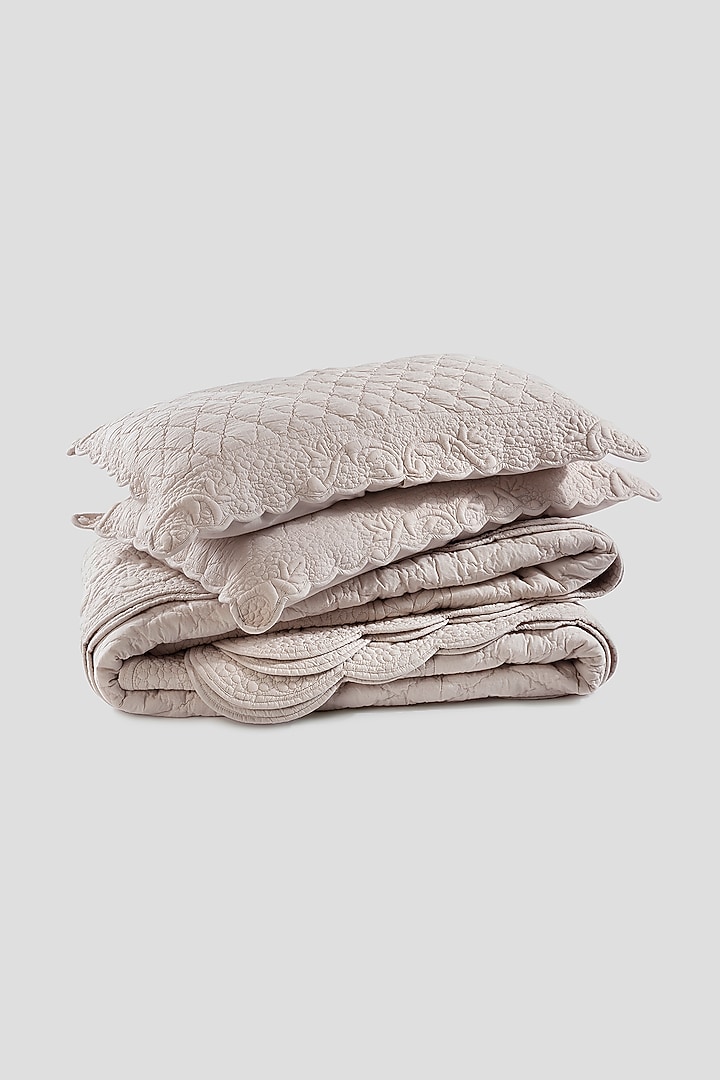 Beige Cotton Cambric Floral Embroidered Bedspread Set Of 3 by Aplito at Pernia's Pop Up Shop