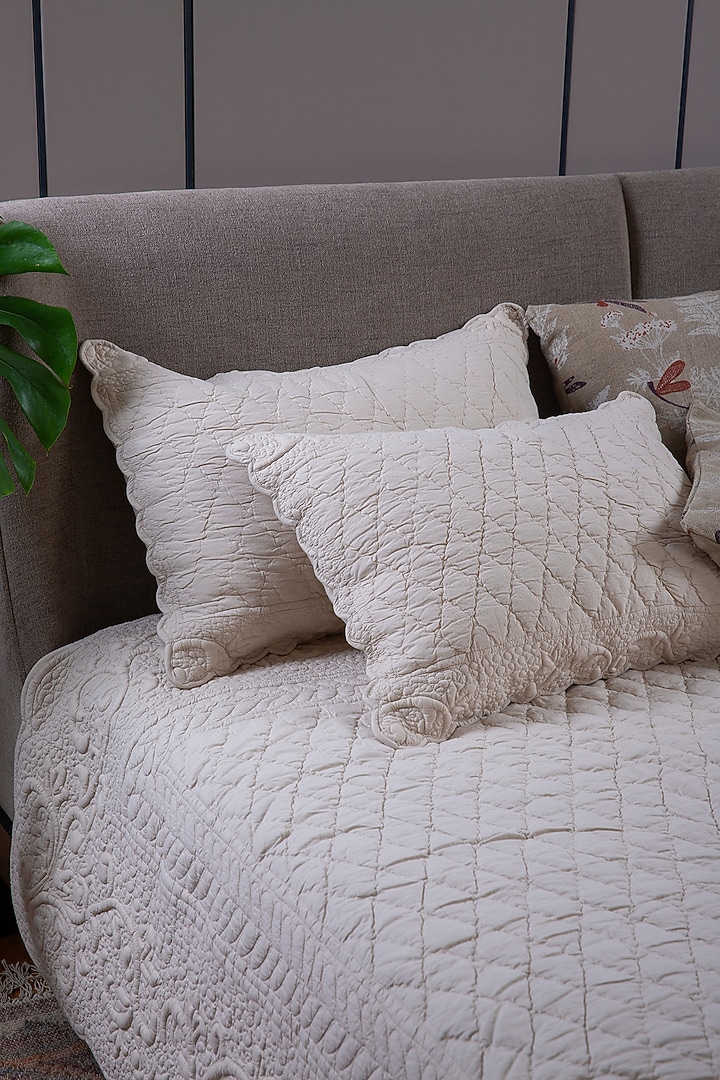 Beige Cotton Cambric Floral Embroidered Bedspread Set Of 3 by Aplito at Pernia's Pop Up Shop