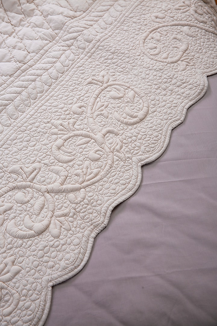Beige Cotton Cambric Floral Embroidered Bedspread Set Of 3 by Aplito at Pernia's Pop Up Shop