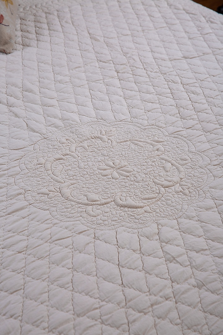 Beige Cotton Cambric Floral Embroidered Bedspread Set Of 3 by Aplito at Pernia's Pop Up Shop