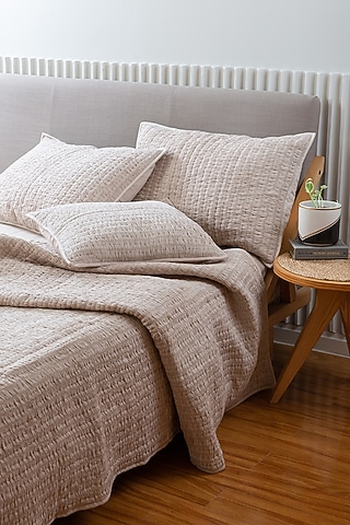 Beige Cotton Voile Hand-Stitched Bedspread Set Of 3 by Aplito