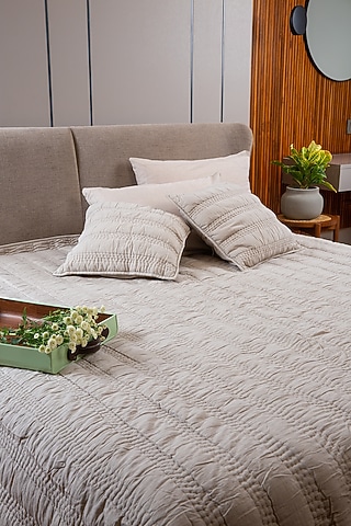 Beige Cotton Handcrafted Reversible Bedspread Set Of 3 by Aplito