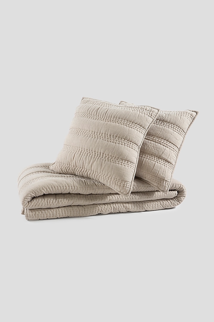 Beige Cotton Handcrafted Reversible Bedspread Set Of 3 by Aplito at Pernia's Pop Up Shop