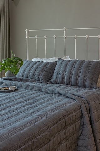 Charcoal Grey Cotton Handcrafted Reversible Bedspread Set Of 3 by Aplito