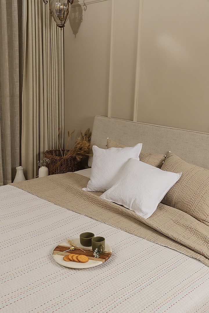 Beige & White Cotton Cambric Reversible Bedspread Set Of 3 by Aplito at Pernia's Pop Up Shop
