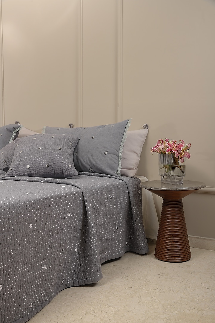 Grey Cotton Embroidered Reversible Bedspread Set Of 3 by Aplito