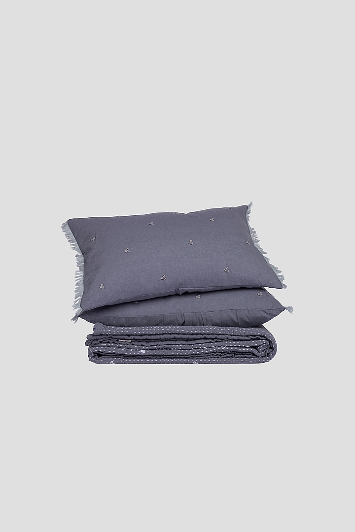 Grey Cotton Embroidered Reversible Bedspread Set Of 3 by Aplito at Pernia's Pop Up Shop