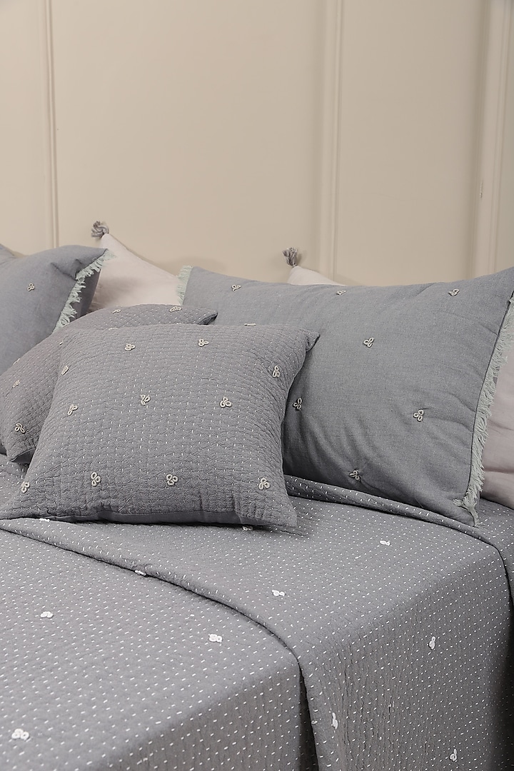 Grey Cotton Embroidered Reversible Bedspread Set Of 3 by Aplito at Pernia's Pop Up Shop