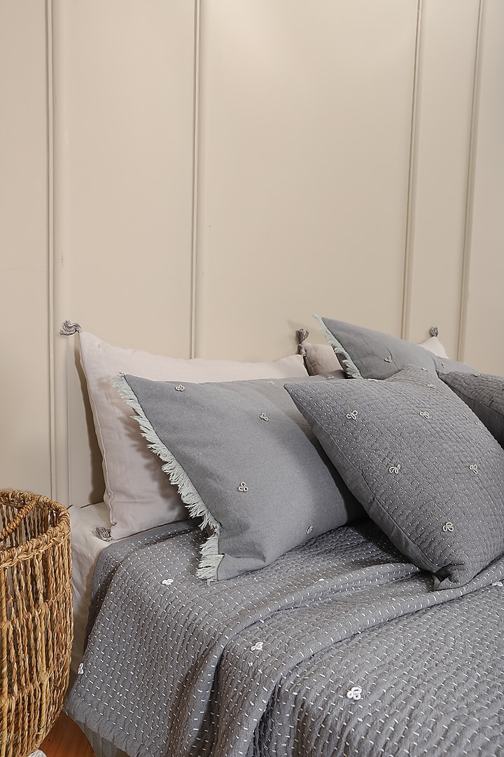 Grey Cotton Embroidered Reversible Bedspread Set Of 3 by Aplito at Pernia's Pop Up Shop