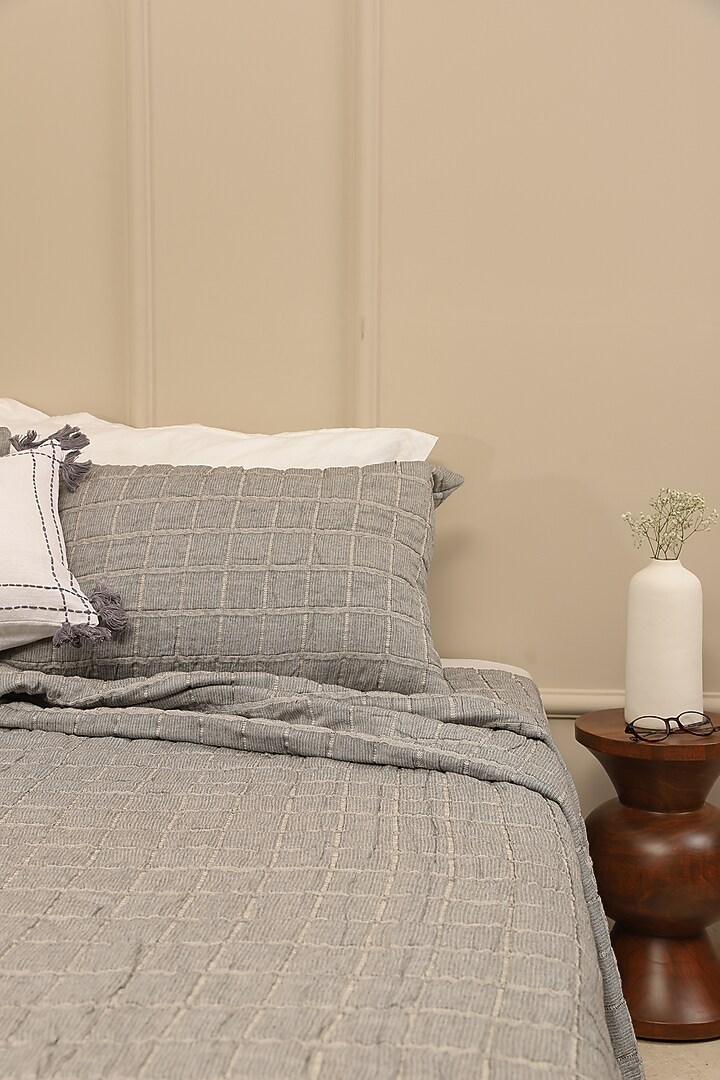 Grey Cotton Checkered Plaid Bedspread Set Of 3 by Aplito at Pernia's Pop Up Shop