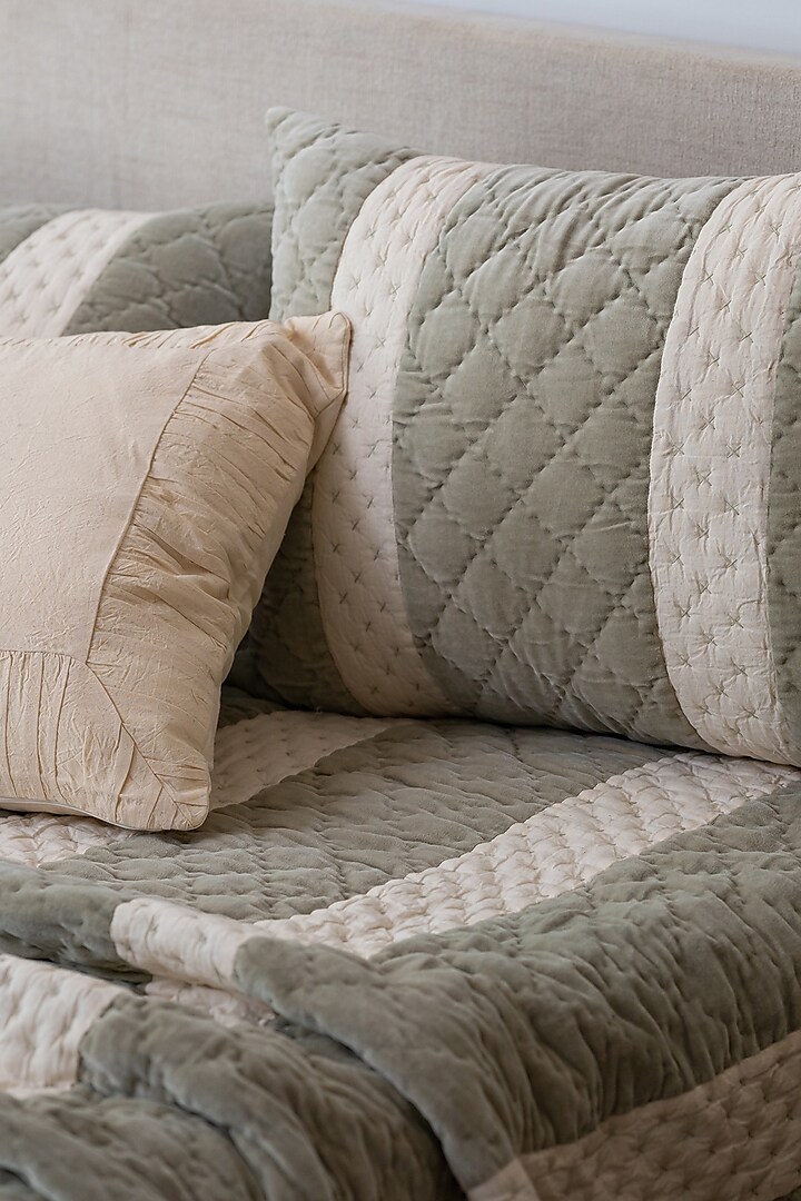 Sage Green Cotton Velvet Bedspread Set Of 5 by Aplito
