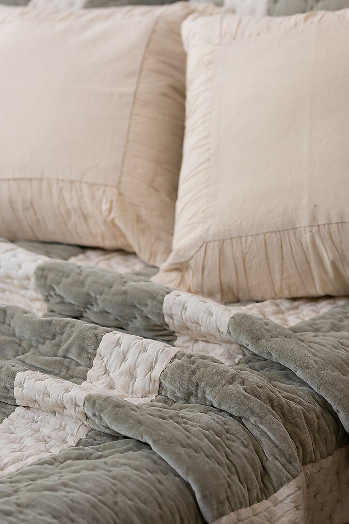 Sage Green Cotton Velvet Bedspread Set Of 5 by Aplito at Pernia's Pop Up Shop