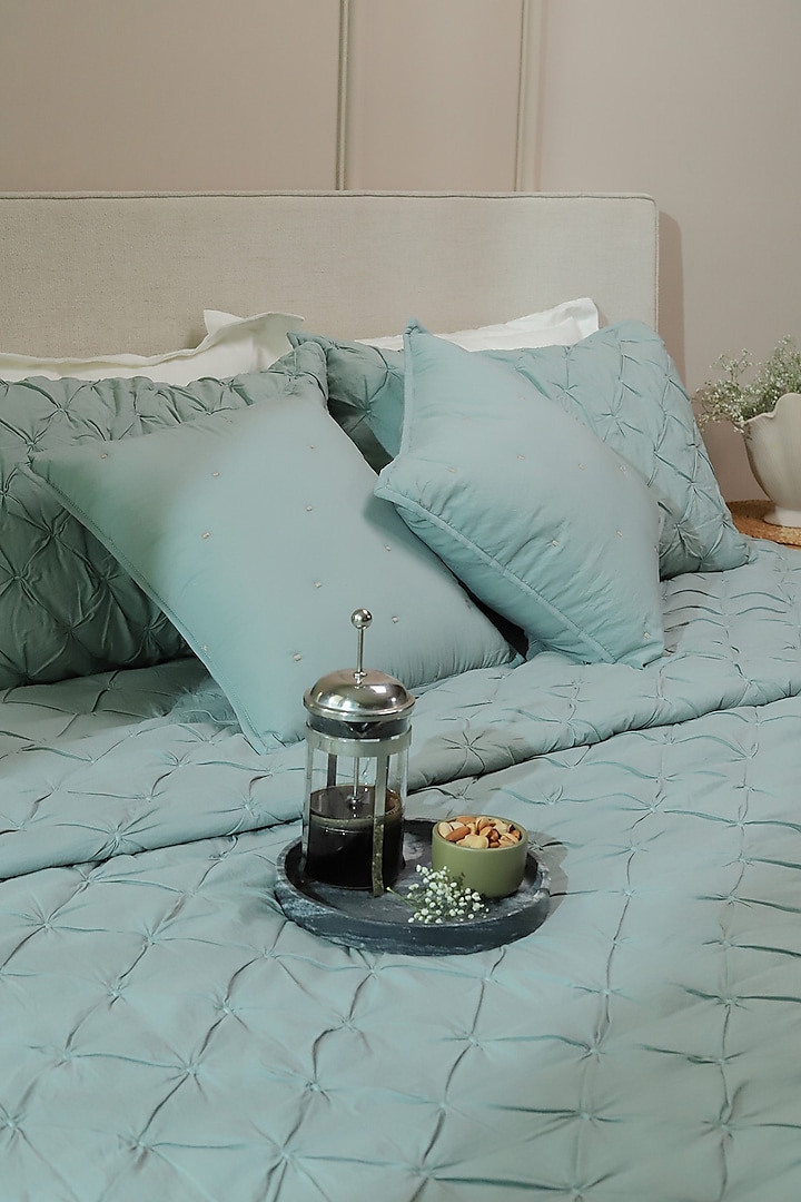 Turquoise Cotton Cambric Quilted Bedspread Set Of 3 by Aplito